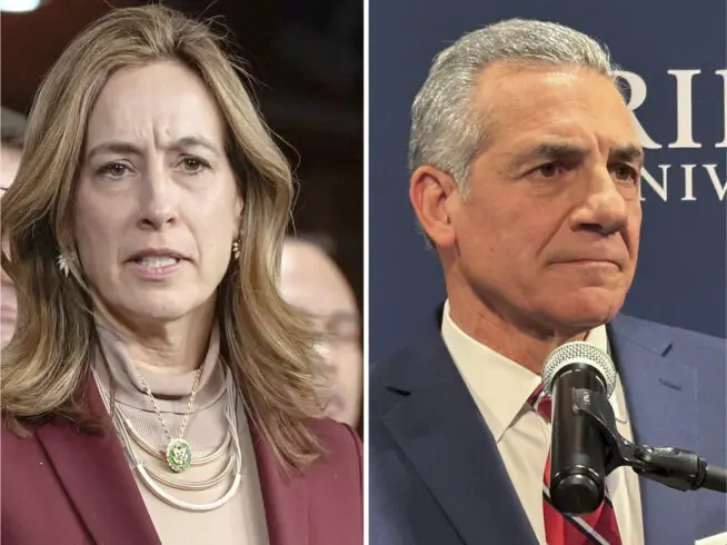 Rep. Mikie Sherrill, D-N.J., left, speaking during a news conference, Feb. 13, 2024, in Washington and former Assemblyman Jack Ciattarelli speaking, Feb. 4, 2025, at Rider University in Lawrenceville, N.J.