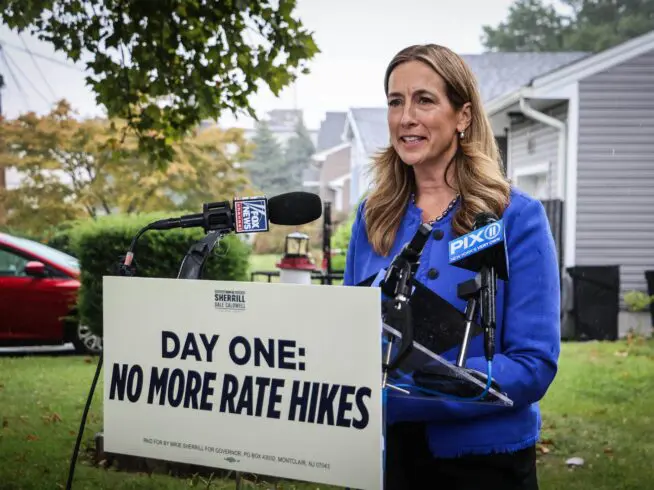 Democratic nominee for governor Mikie Sherrill unveils her electric rate freeze plan at an Aug. 20 press conference in Kenilworth, New Jersey.