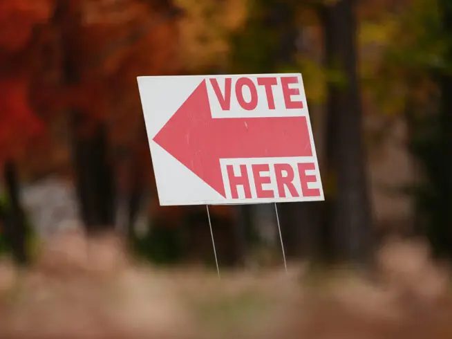 A sign indicates a polling place in Cherry Hill, New Jersey, Tuesday, Oct. 28, 2025.