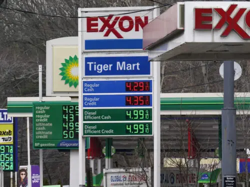 Gas prices are displayed at gas stations in Englewood, New Jersey, Monday, March 7, 2022.