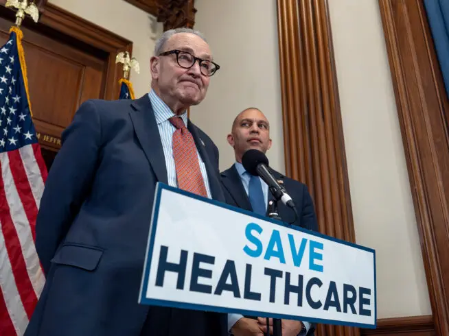 Senate Minority Leader Chuck Schumer, D-N.Y., left, and House Minority Leader Hakeem Jeffries, D-N.Y., meet with reporters to speak about health care affordability at the Capitol in Washington, Dec. 3, 2025.